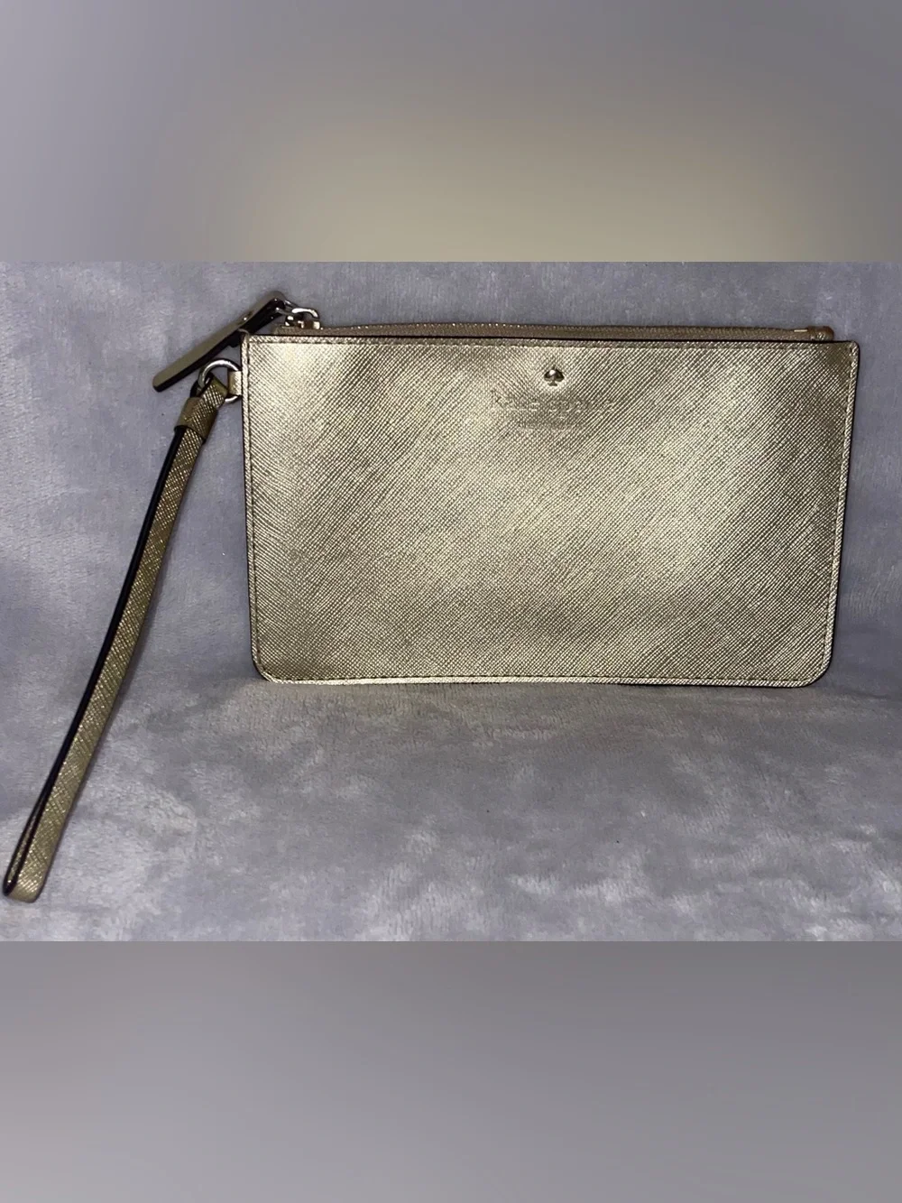 Kate Spade Gold Saffiano Leather Wristlet Clutch Wallet Pouch Polka Dot Lining